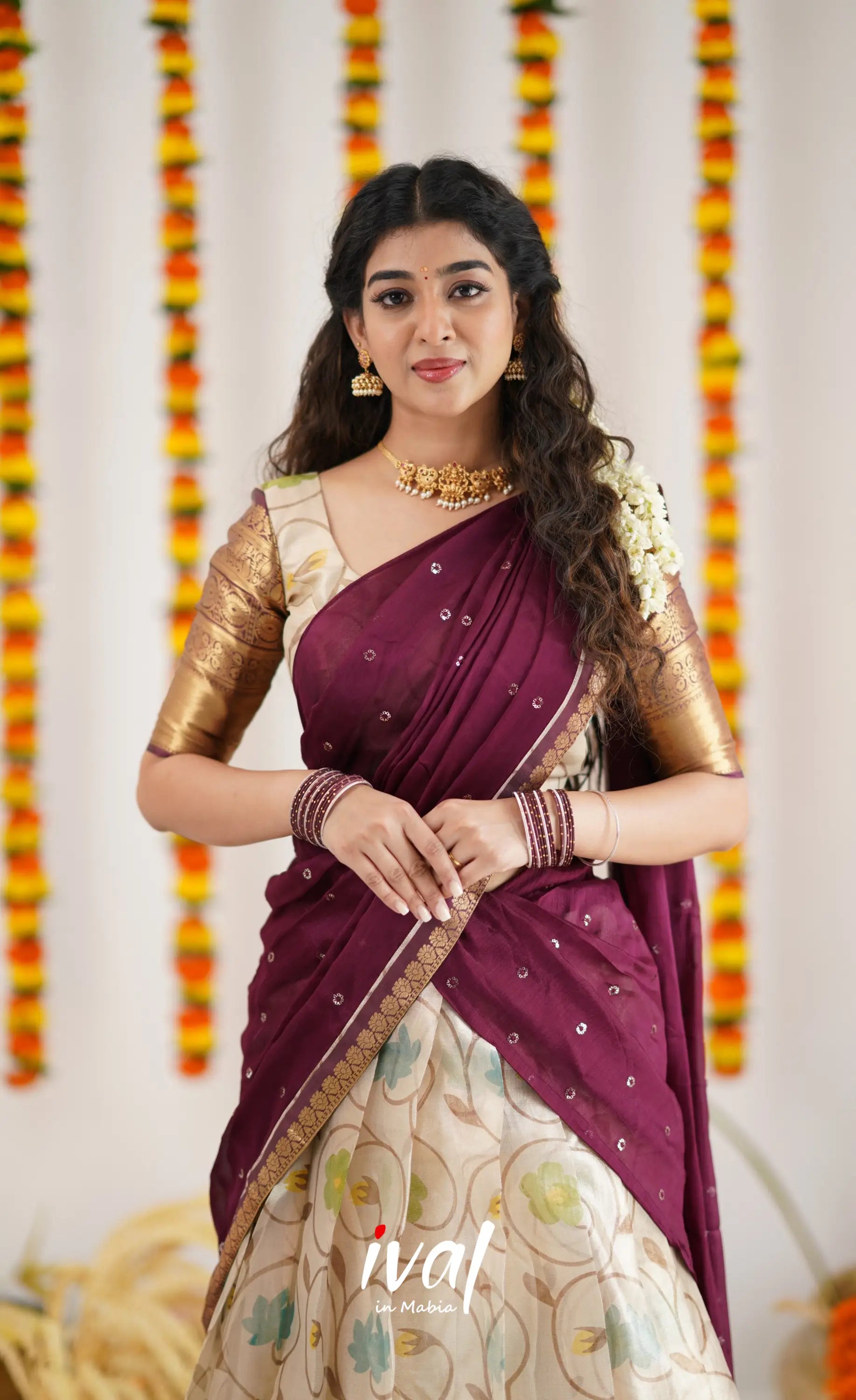 Izhaiyini Organza Halfsaree - Offwhite And Tone Of Wine Maroon Half Sarees