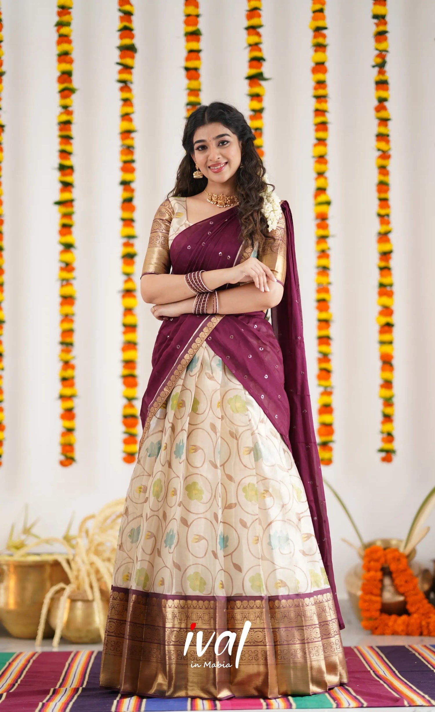 Izhaiyini Organza Halfsaree - Offwhite And Tone Of Wine Maroon Half Sarees