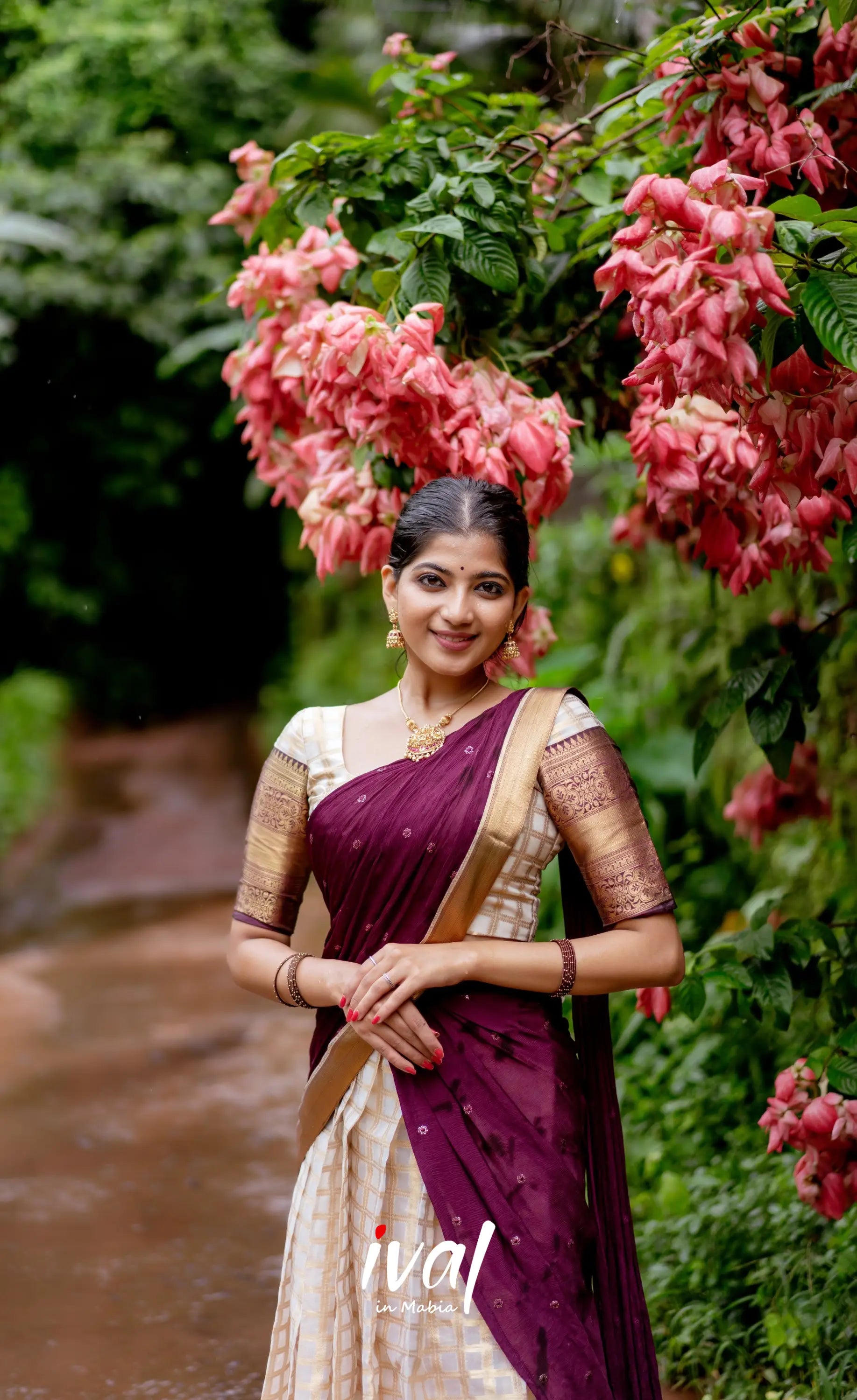 Izhaiyini Organza Halfsaree - Offwhite And Tone Of Wine Maroon Half Sarees