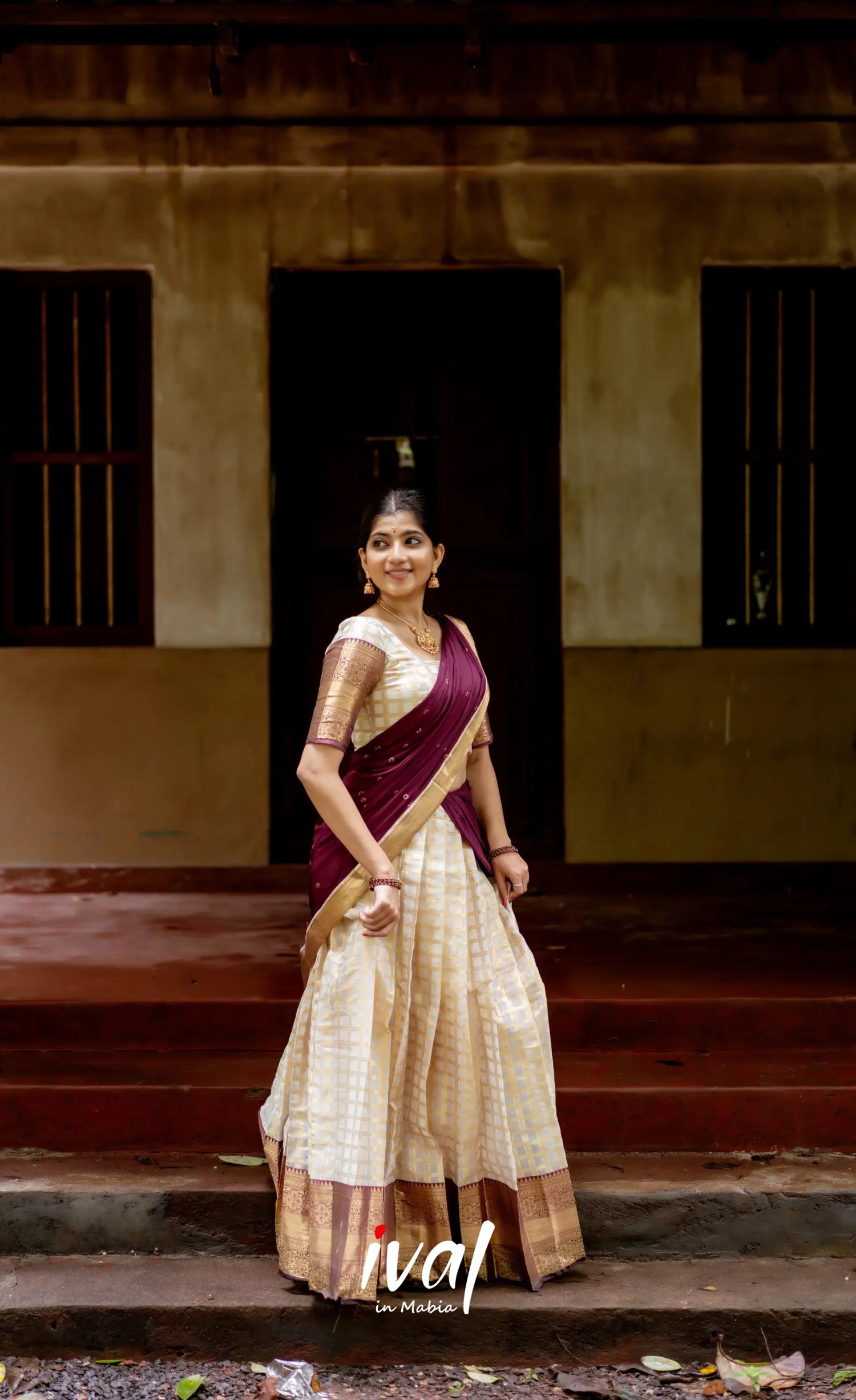 Izhaiyini Organza Halfsaree - Offwhite And Tone Of Wine Maroon Half Sarees