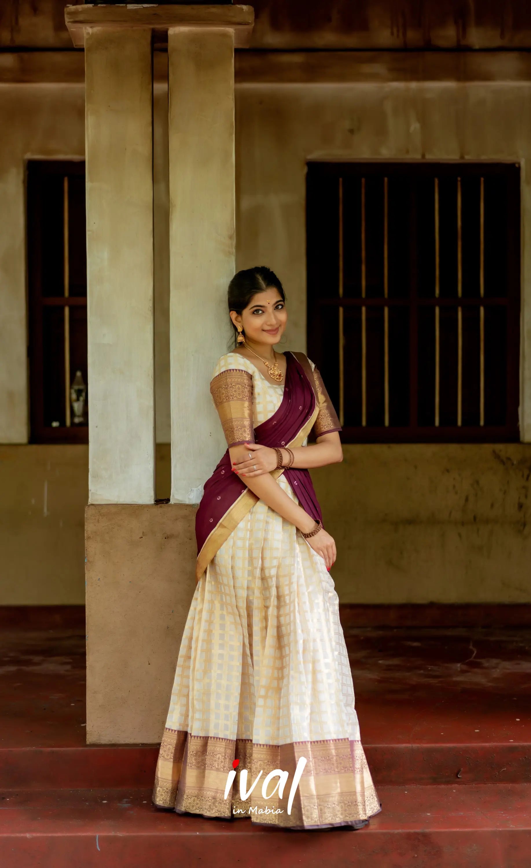 Izhaiyini Organza Halfsaree - Offwhite And Tone Of Wine Maroon Half Sarees