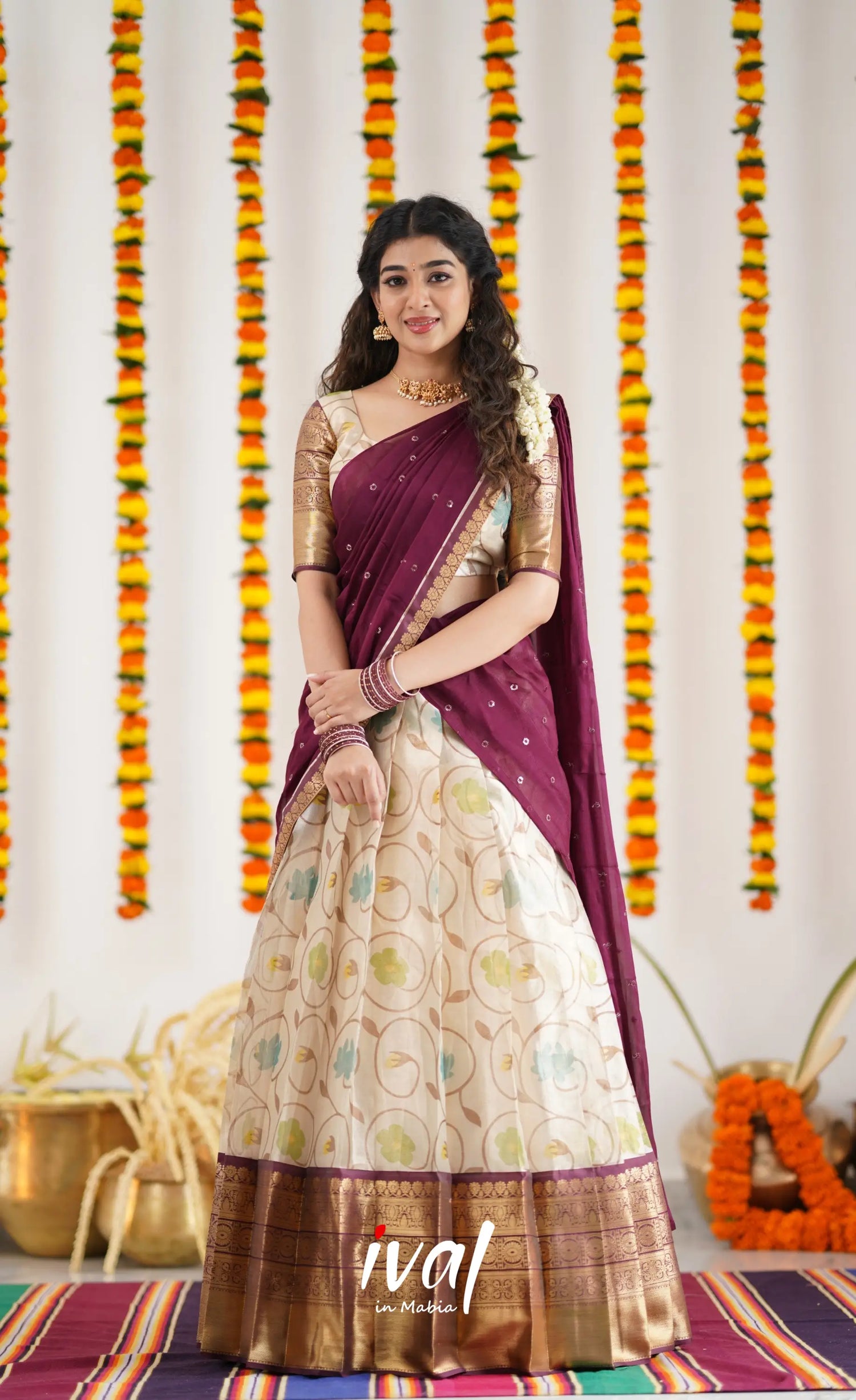 Izhaiyini Organza Halfsaree - Offwhite And Tone Of Wine Maroon Half Sarees