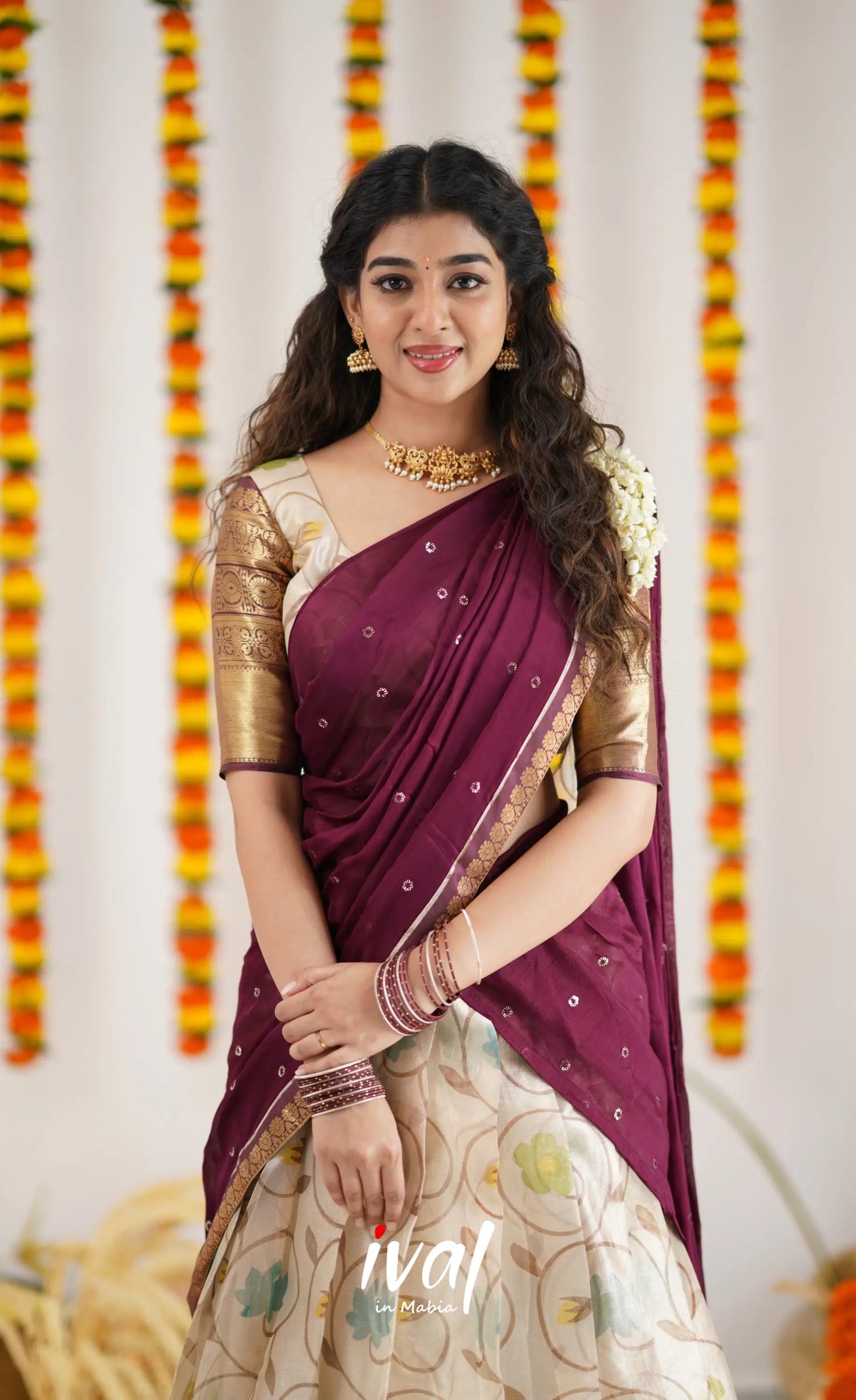 Izhaiyini Organza Halfsaree - Offwhite And Tone Of Wine Maroon Half Sarees