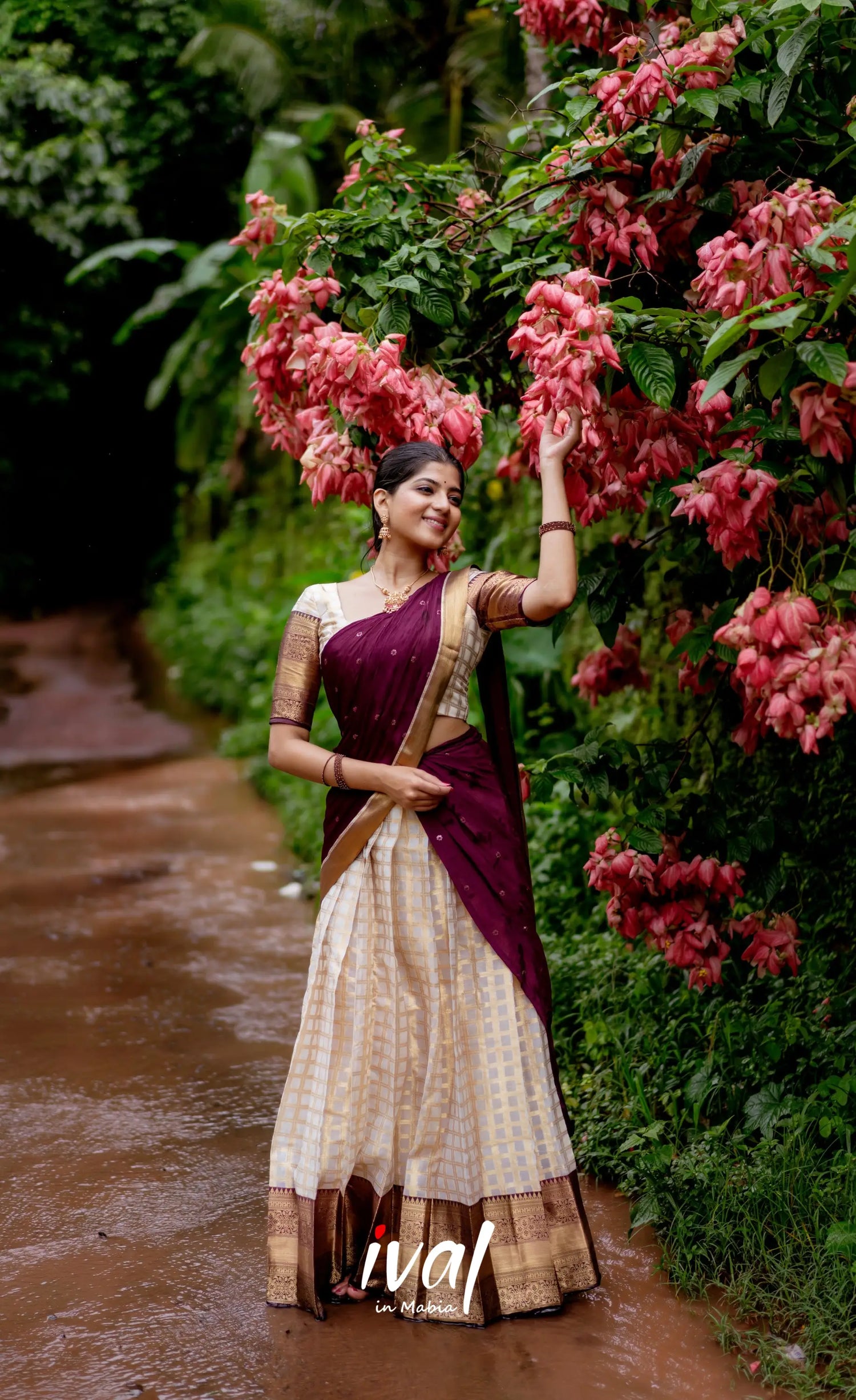 Izhaiyini Organza Halfsaree - Offwhite And Tone Of Wine Maroon Half Sarees