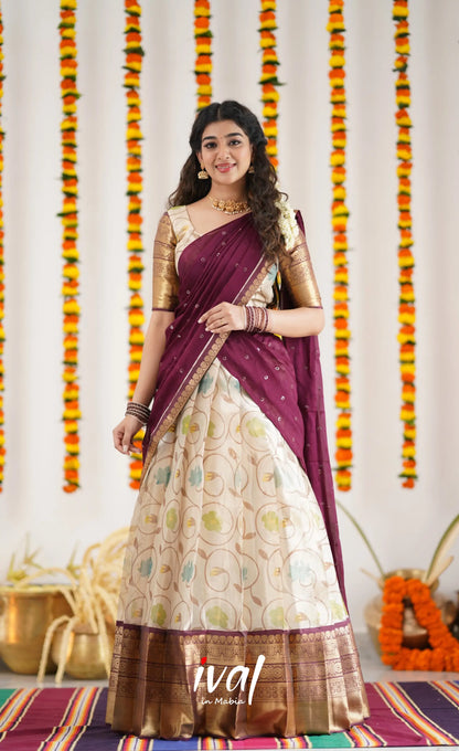 Izhaiyini Organza Halfsaree - Offwhite And Tone Of Wine Maroon Half Sarees