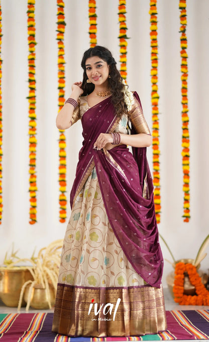 Izhaiyini Organza Halfsaree - Offwhite And Tone Of Wine Maroon Half Sarees