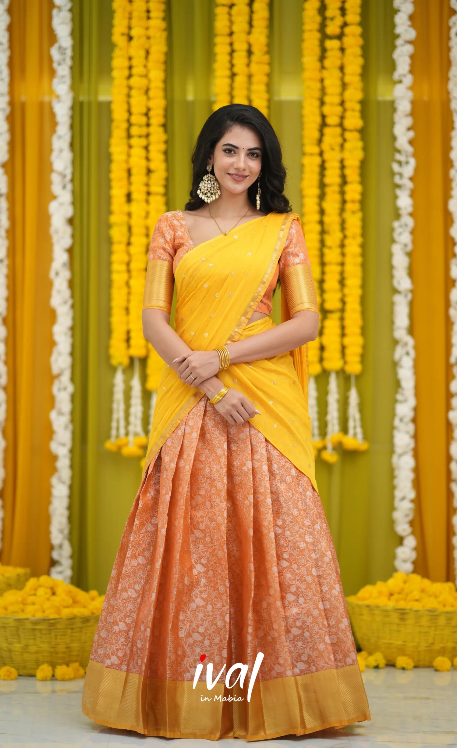 Izhaiyini Organza Halfsaree - Orange and Yellow Half Sarees