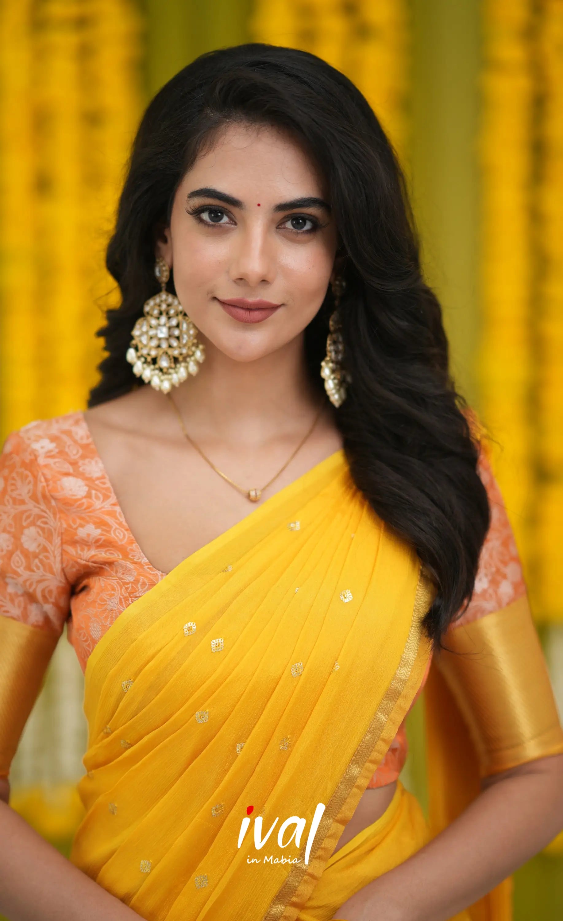 Izhaiyini Organza Halfsaree - Orange and Yellow Half Sarees