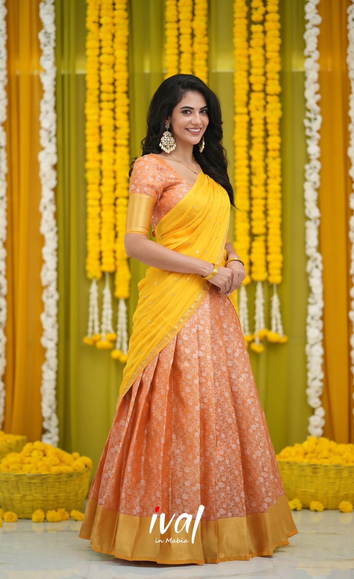 Izhaiyini Organza Halfsaree - Orange and Yellow Half Sarees