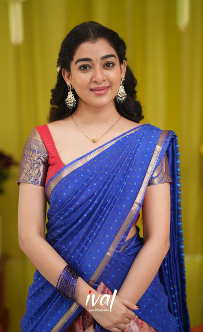 Izhaiyini Organza Halfsaree - Orangish red and Dark blue - Half Sarees