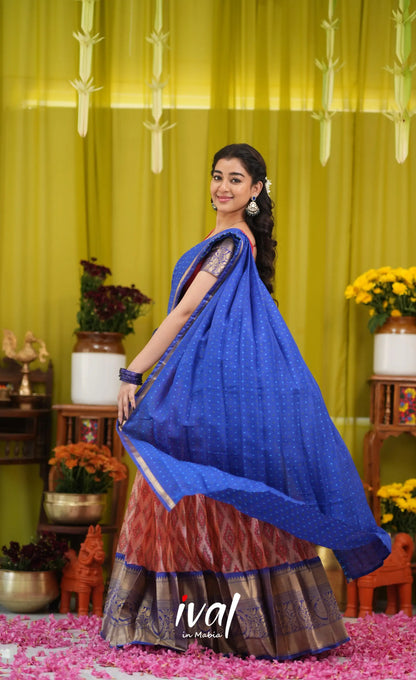 Izhaiyini Organza Halfsaree - Orangish red and Dark blue - Half Sarees