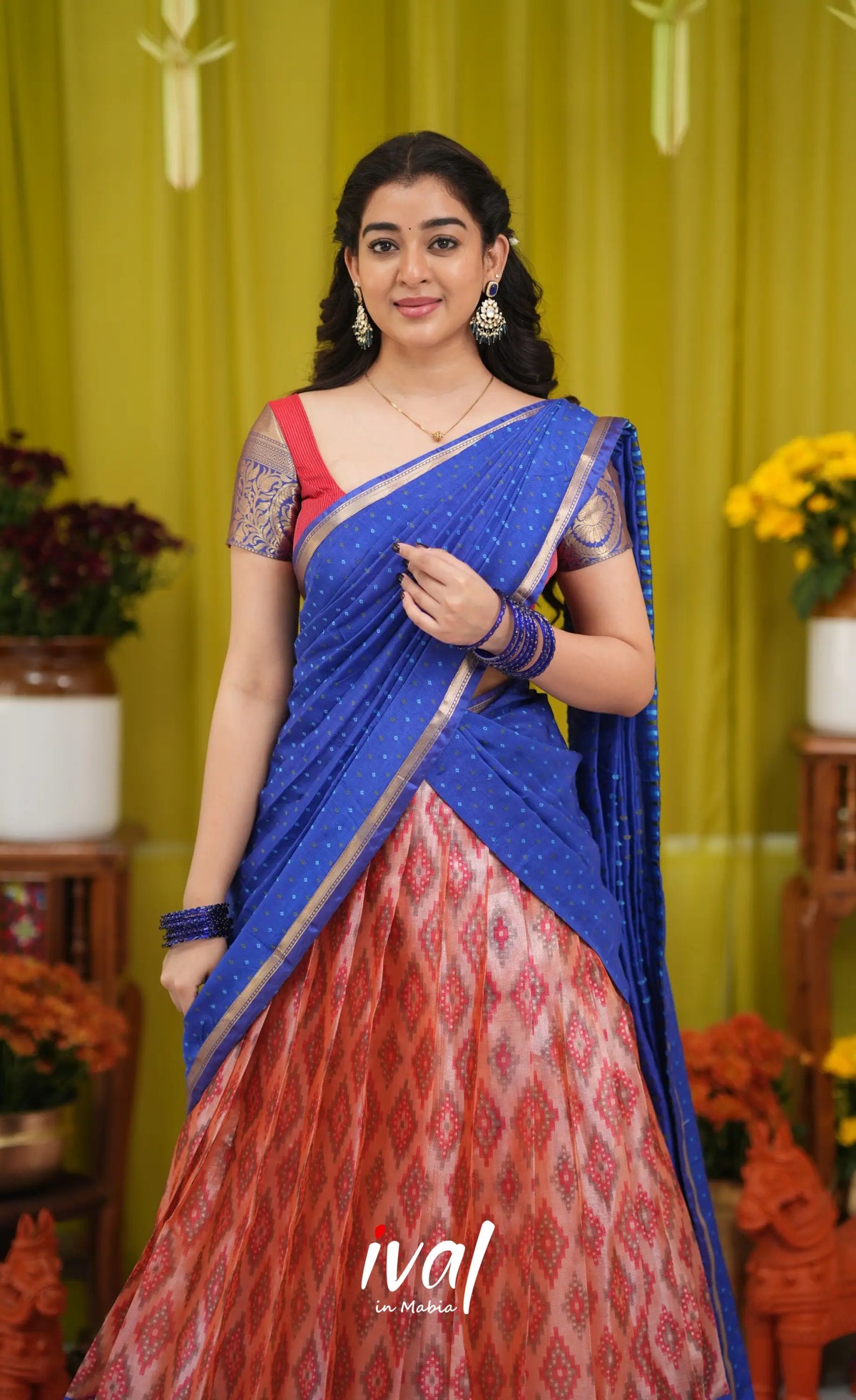 Izhaiyini Organza Halfsaree - Orangish red and Dark blue - Half Sarees