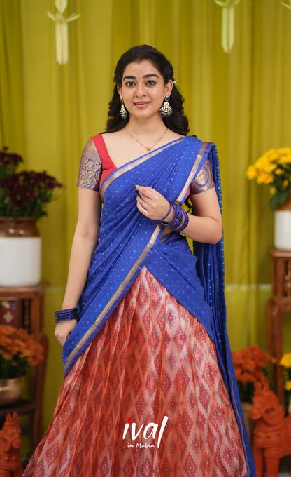 Izhaiyini Organza Halfsaree - Orangish red and Dark blue - Half Sarees