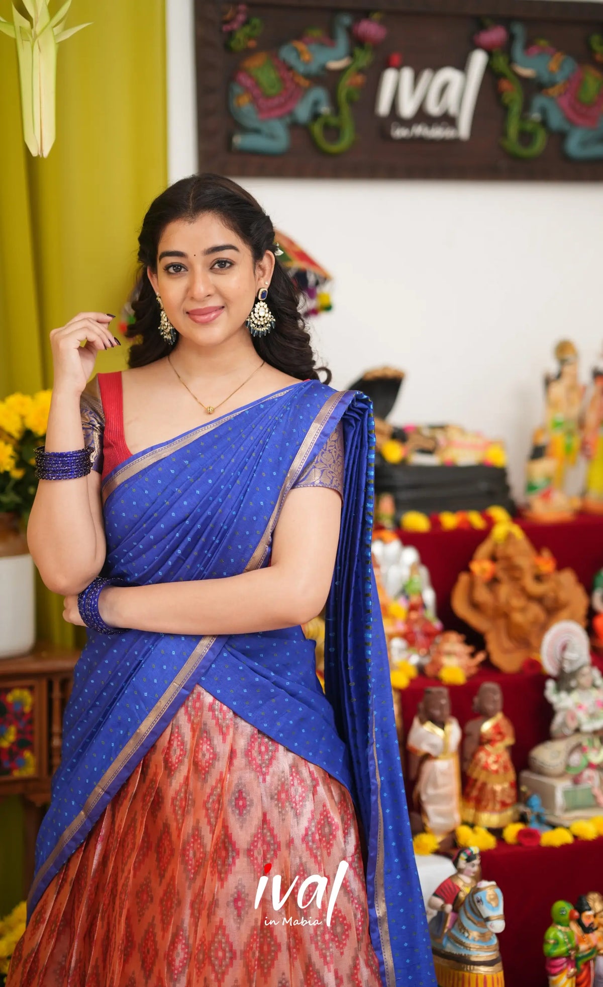 Izhaiyini Organza Halfsaree - Orangish red and Dark blue - Half Sarees
