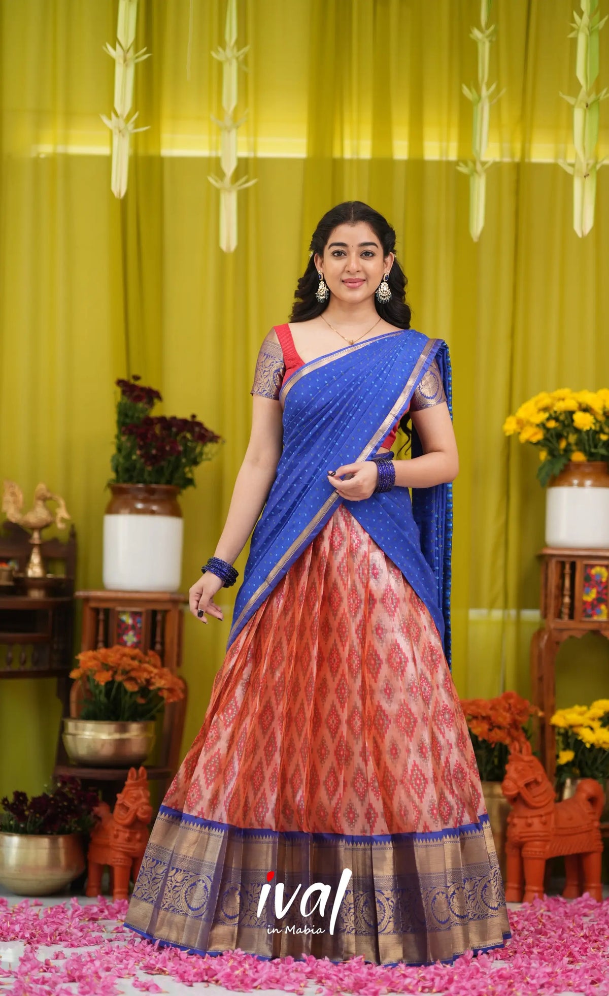 Izhaiyini Organza Halfsaree - Orangish red and Dark blue - Half Sarees