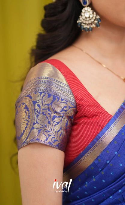 Izhaiyini Organza Halfsaree - Orangish red and Dark blue - Half Sarees