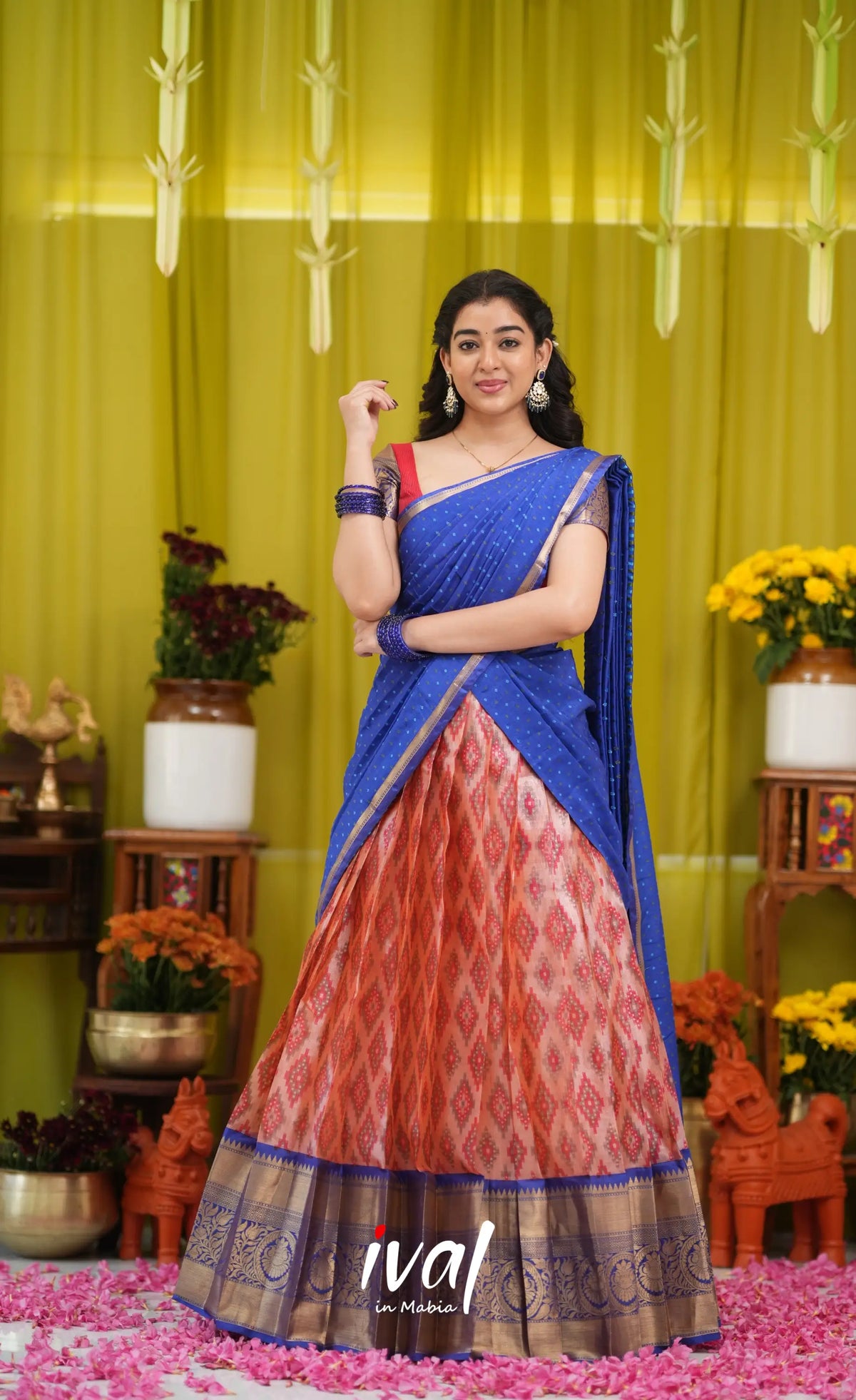 Izhaiyini Organza Halfsaree - Orangish red and Dark blue - Half Sarees