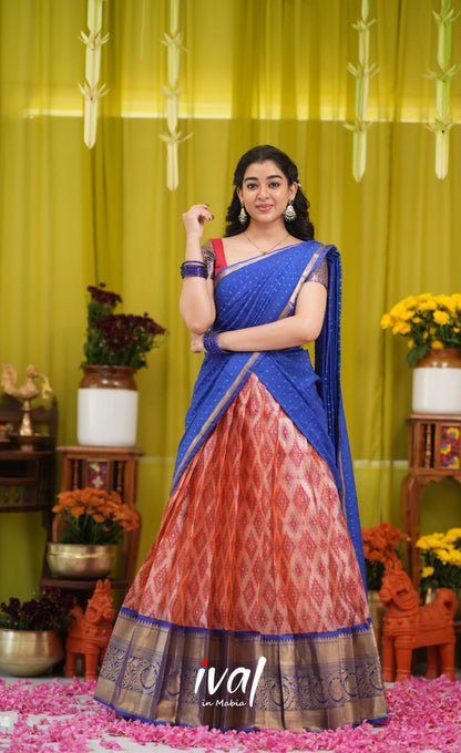 Izhaiyini Organza Halfsaree - Orangish red and Dark blue - Half Sarees