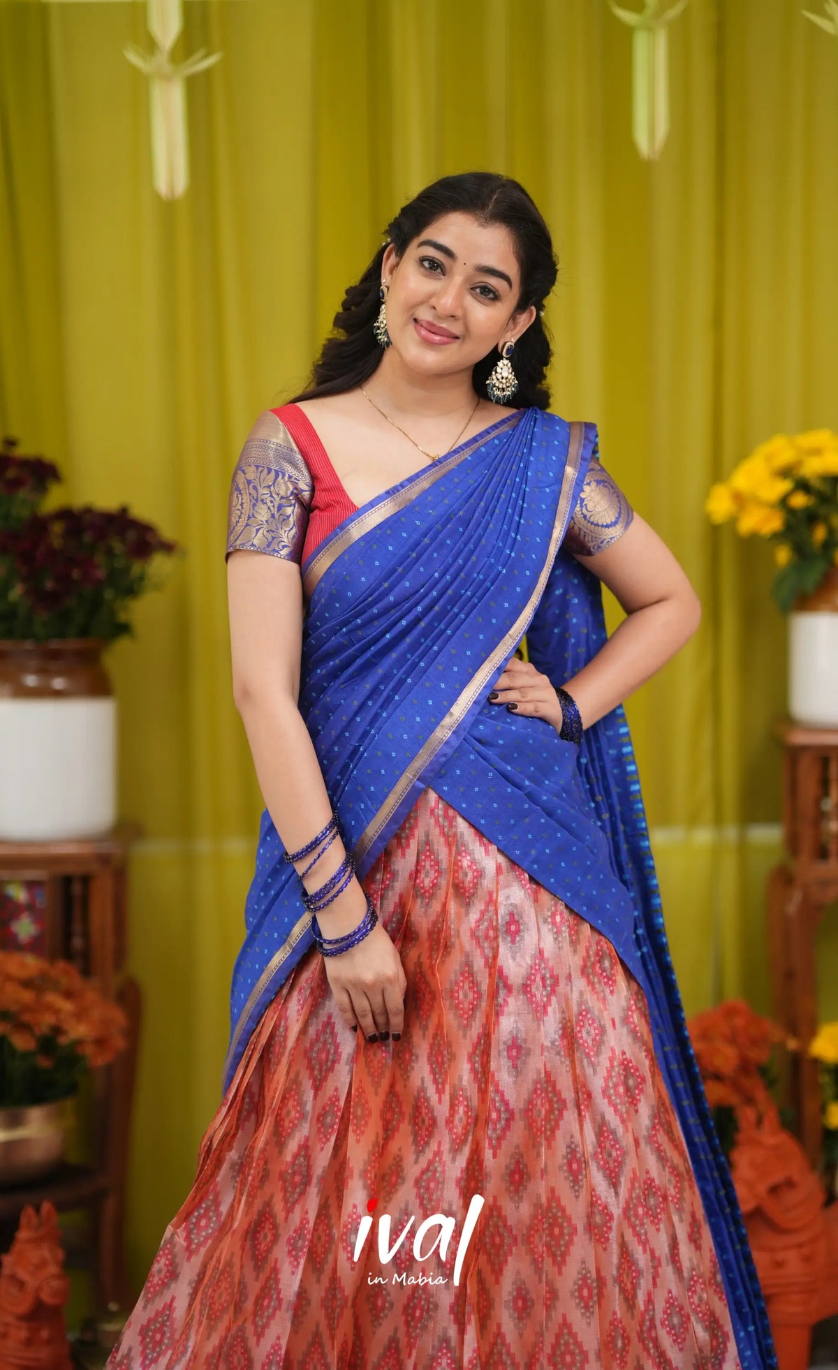 Izhaiyini Organza Halfsaree - Orangish red and Dark blue - Half Sarees