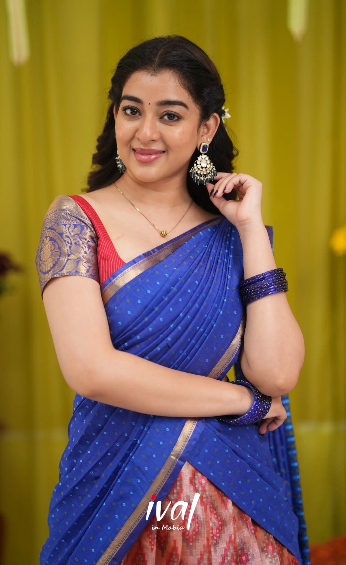 Izhaiyini Organza Halfsaree - Orangish red and Dark blue - Half Sarees
