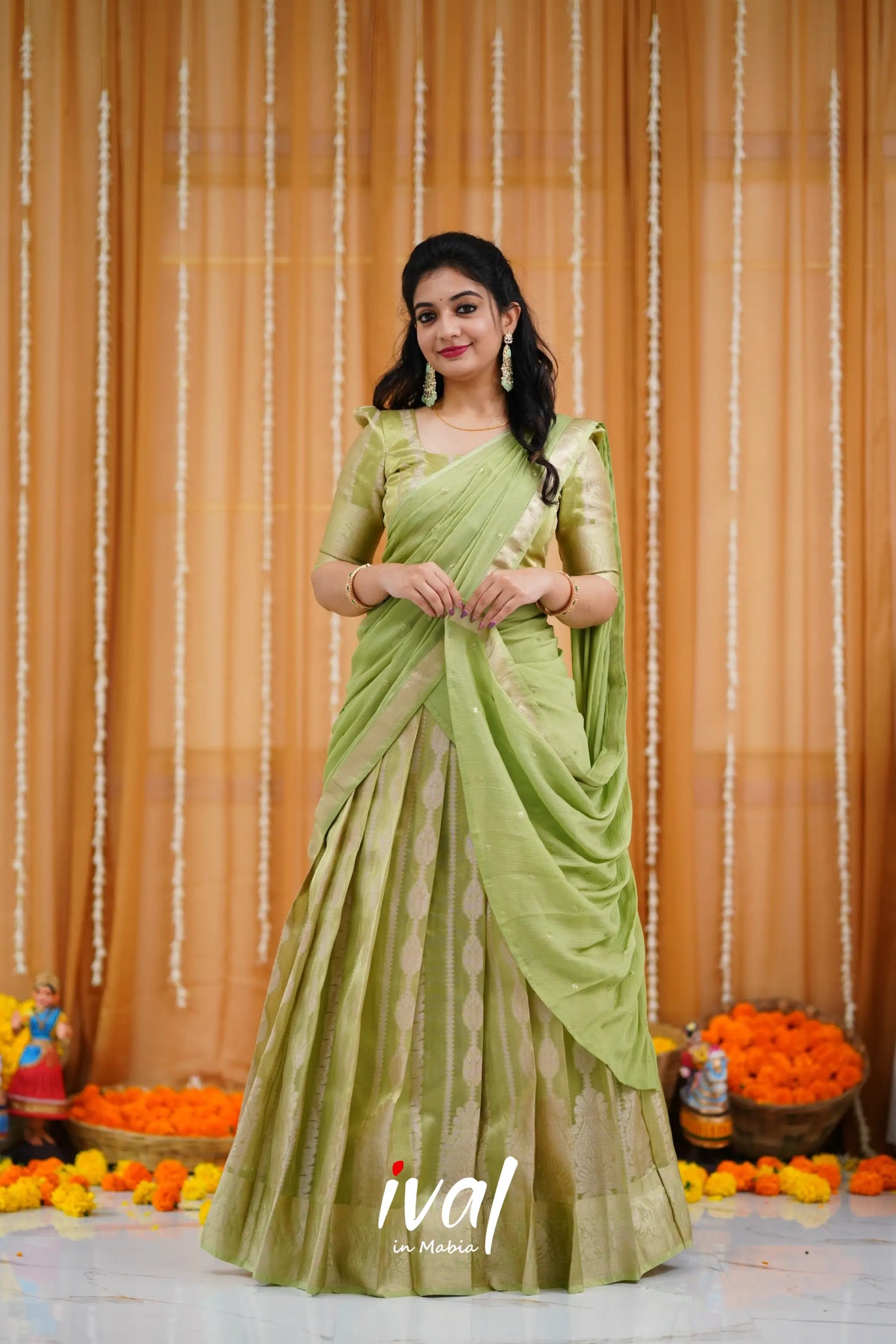 Izhaiyini Organza Halfsaree - Pastel Green And Pista Half Sarees