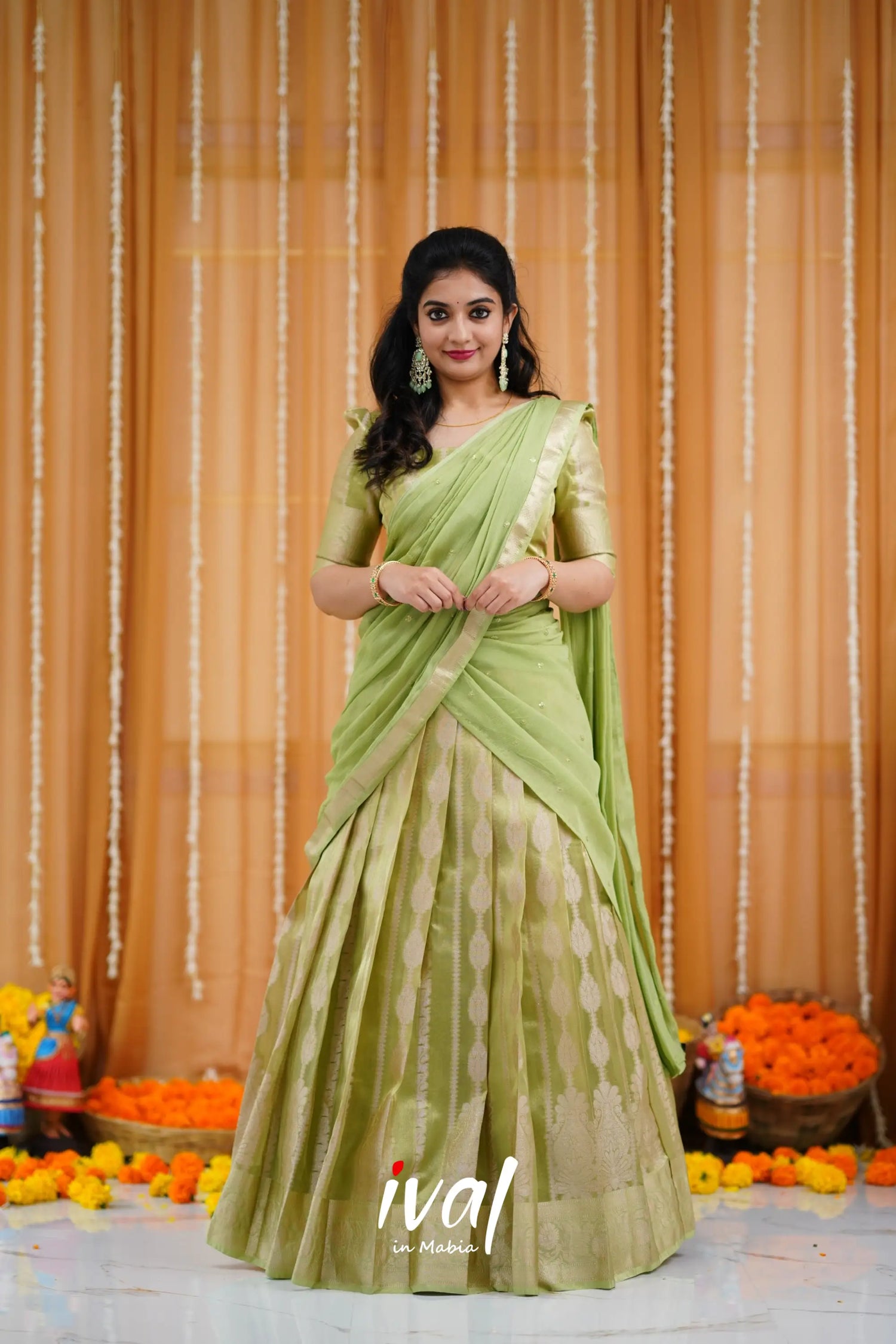 Izhaiyini Organza Halfsaree - Pastel Green And Pista Half Sarees