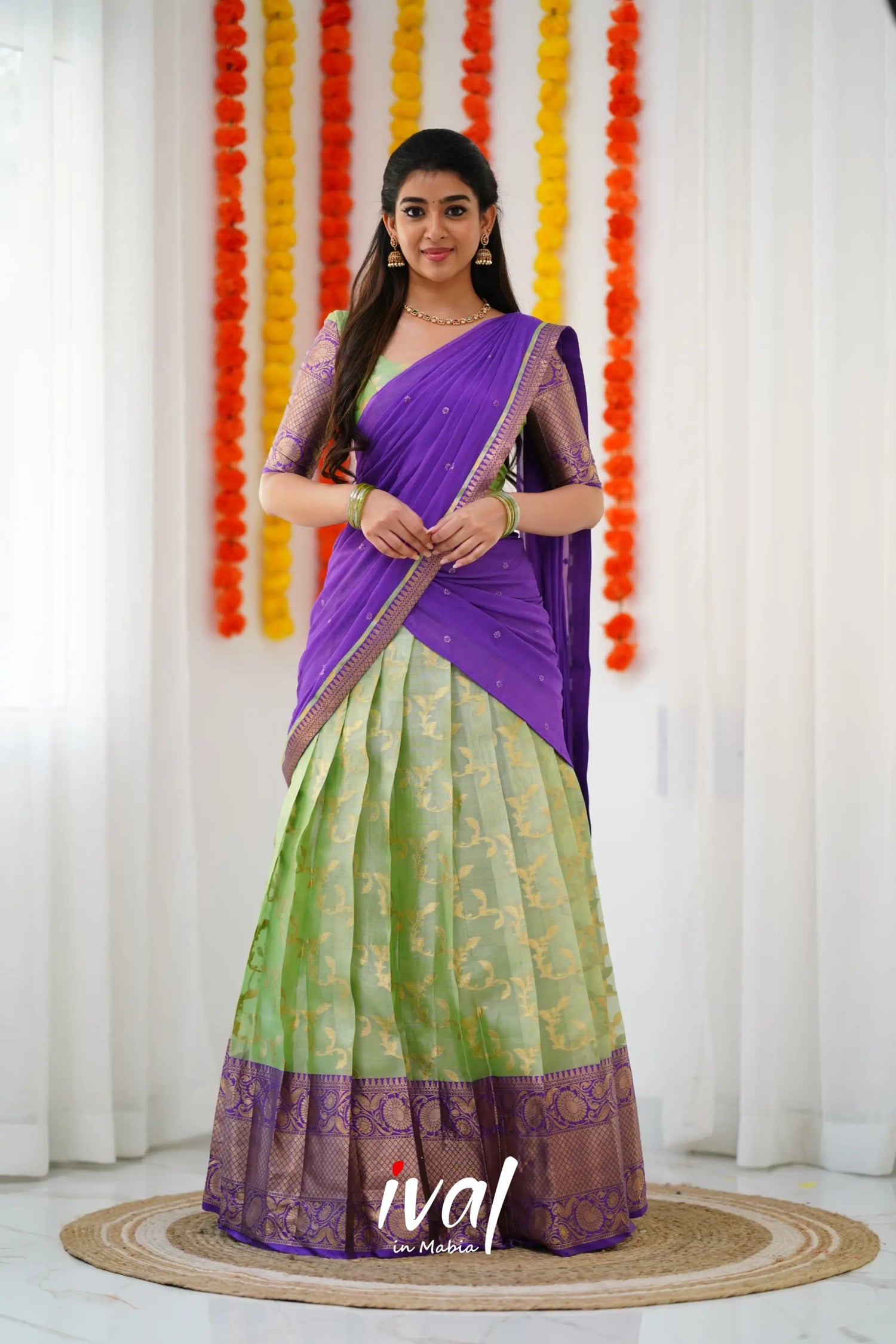 Izhaiyini Organza Halfsaree - Pastel Green And Purple Half Sarees