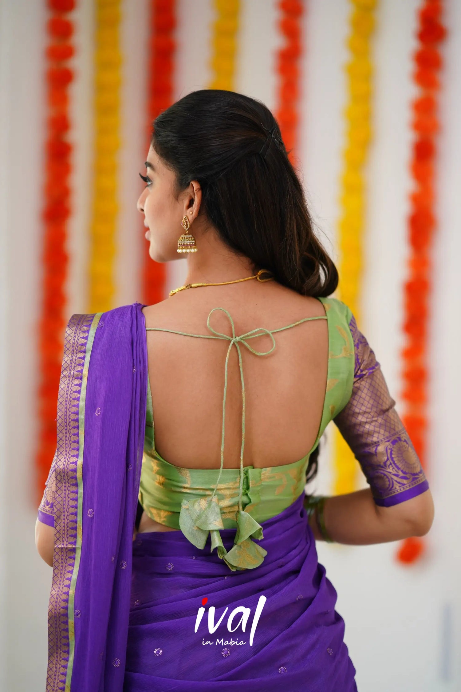 Izhaiyini Organza Halfsaree - Pastel Green And Purple Half Sarees