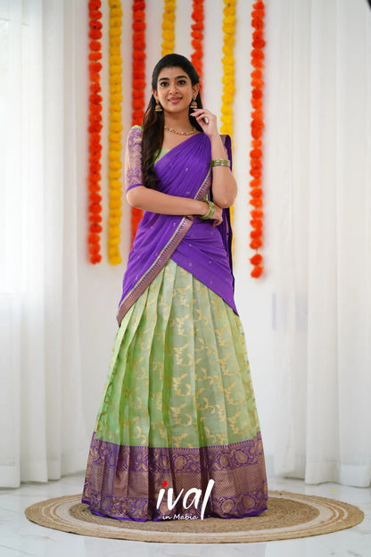 Izhaiyini Organza Halfsaree - Pastel Green And Purple Half Sarees