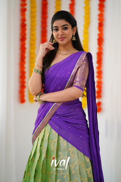 Izhaiyini Organza Halfsaree - Pastel Green And Purple Half Sarees