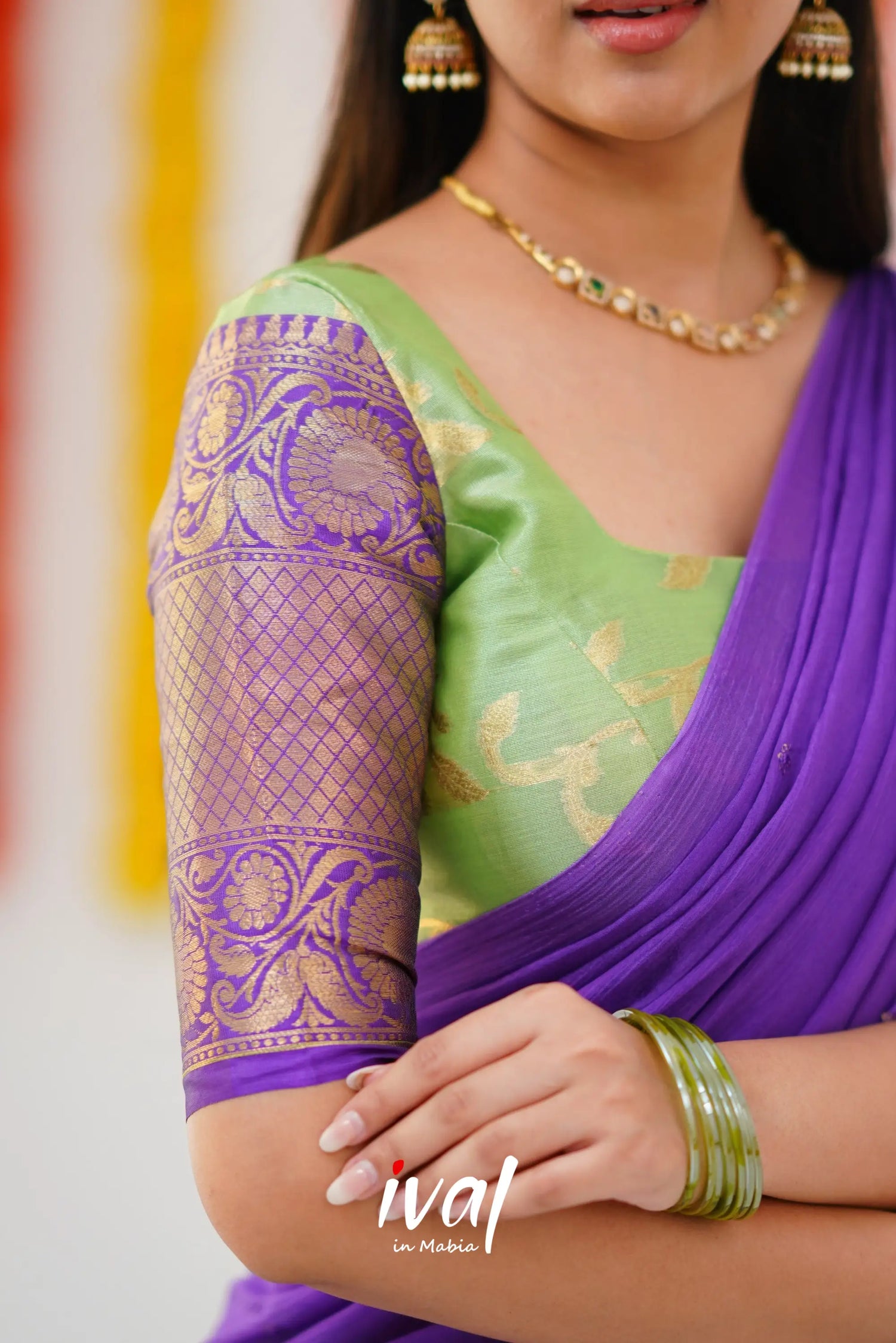 Izhaiyini Organza Halfsaree - Pastel Green And Purple Half Sarees