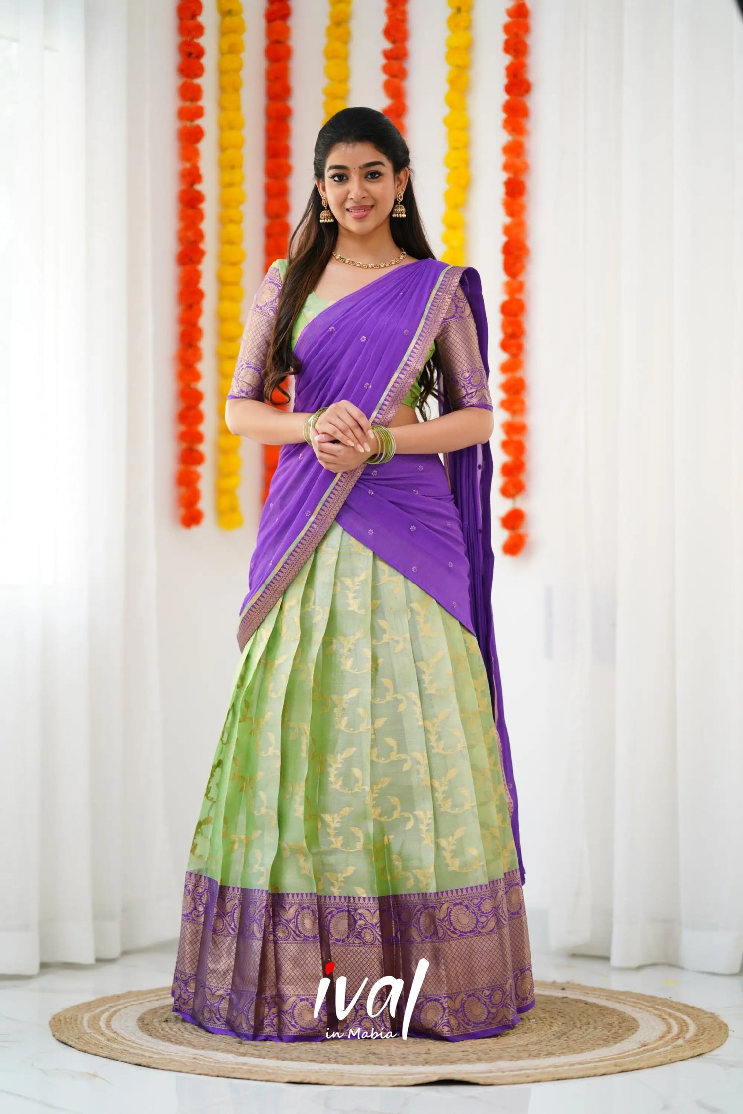 Izhaiyini Organza Halfsaree - Pastel Green And Purple Half Sarees