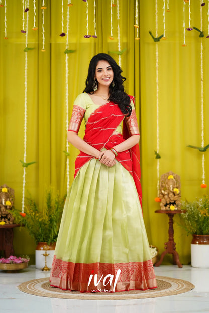 Izhaiyini Organza Halfsaree - Pastel Green And Red Half Sarees