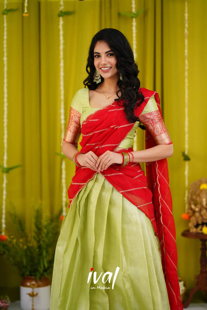 Izhaiyini Organza Halfsaree - Pastel Green And Red Half Sarees