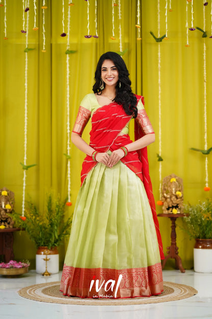 Izhaiyini Organza Halfsaree - Pastel Green And Red Half Sarees