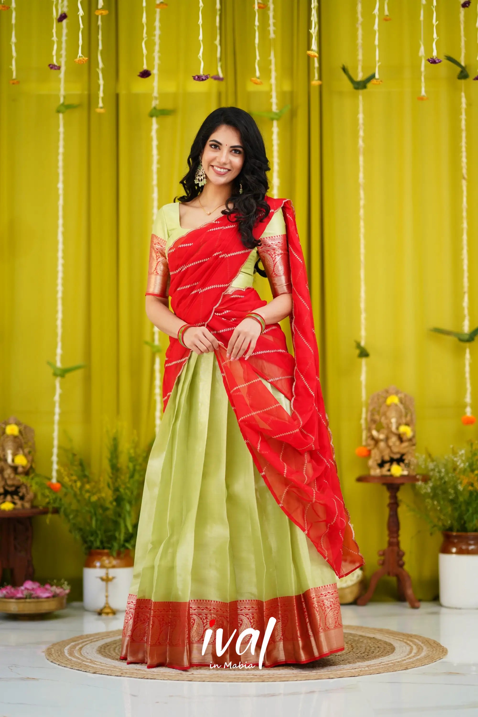 Izhaiyini Organza Halfsaree - Pastel Green And Red Half Sarees