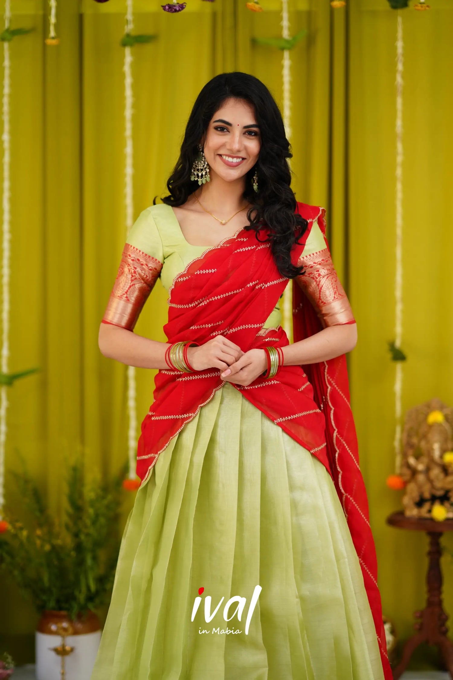 Izhaiyini Organza Halfsaree - Pastel Green And Red Half Sarees