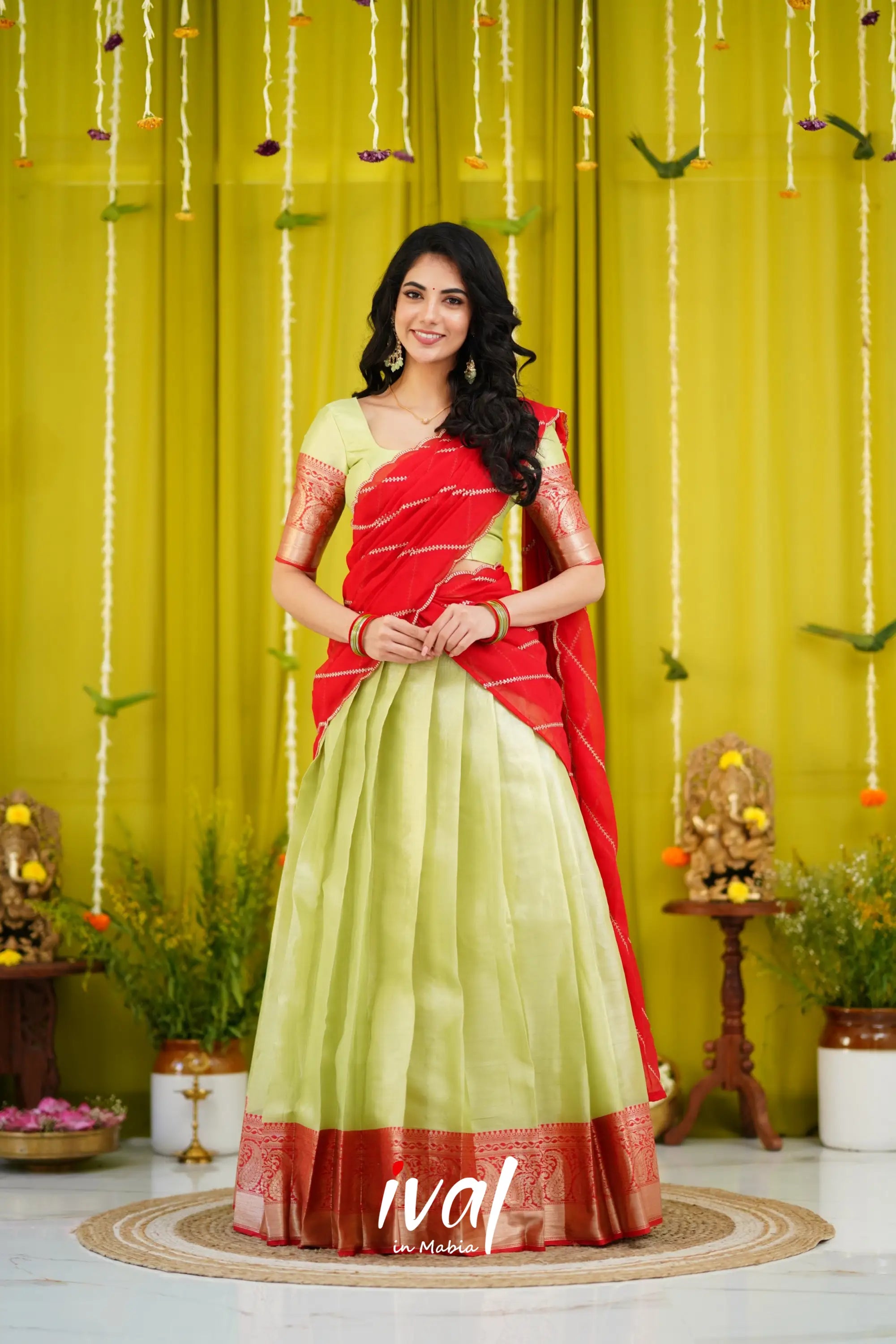 Izhaiyini Organza Halfsaree - Pastel Green And Red Half Sarees