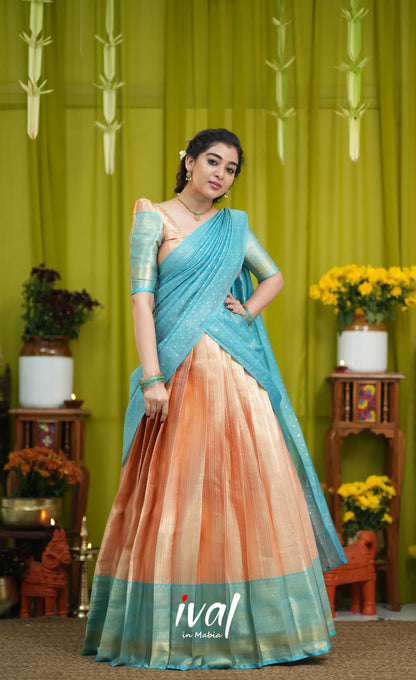 Izhaiyini Organza Halfsaree - Peach and Light blue - Half Sarees
