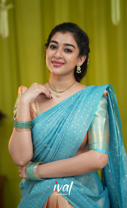 Izhaiyini Organza Halfsaree - Peach and Light blue - Half Sarees