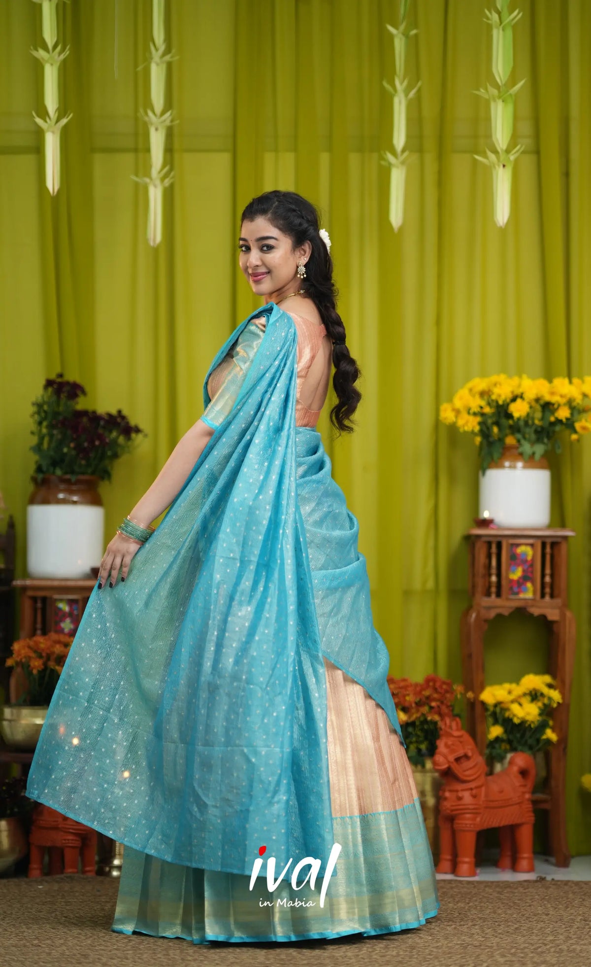 Izhaiyini Organza Halfsaree - Peach and Light blue - Half Sarees