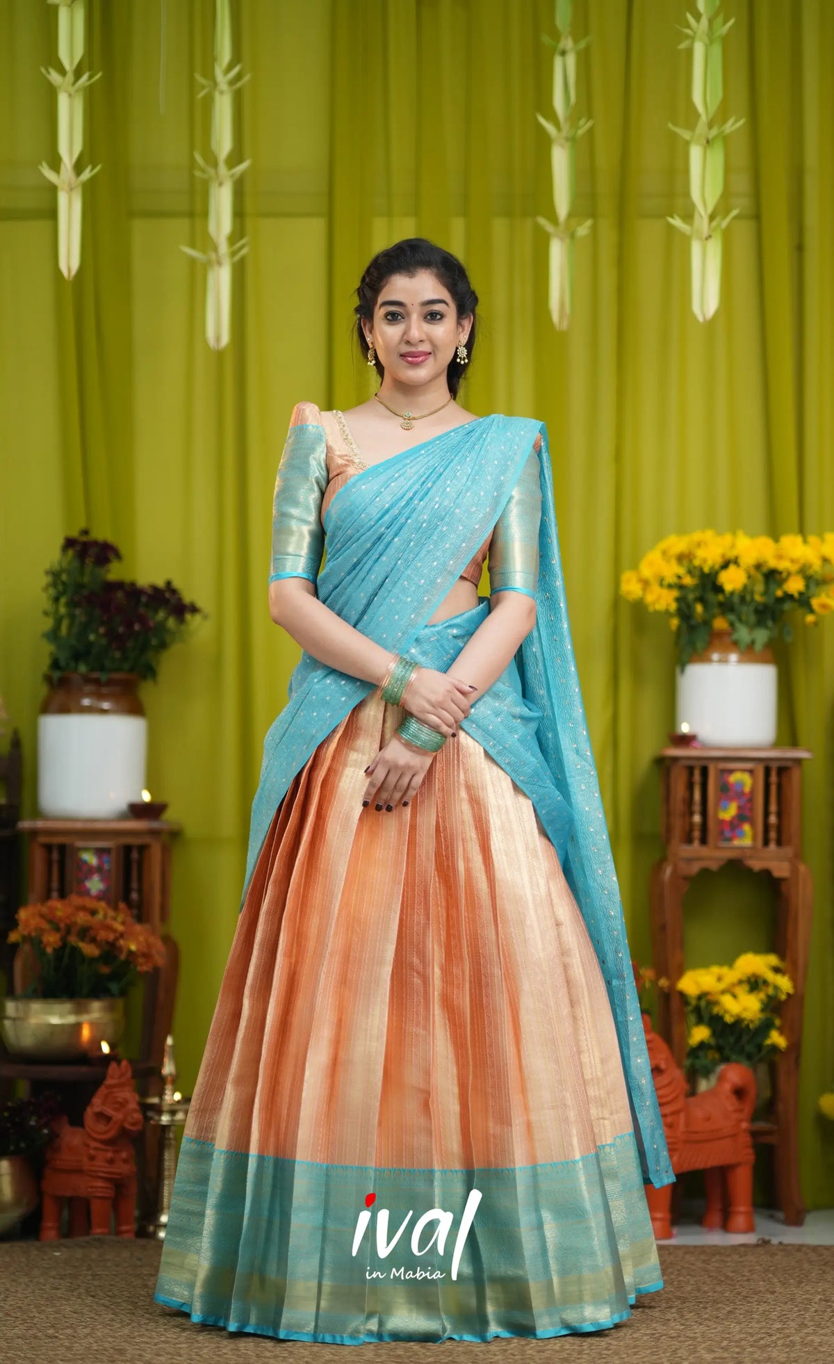 Izhaiyini Organza Halfsaree - Peach and Light blue - Half Sarees