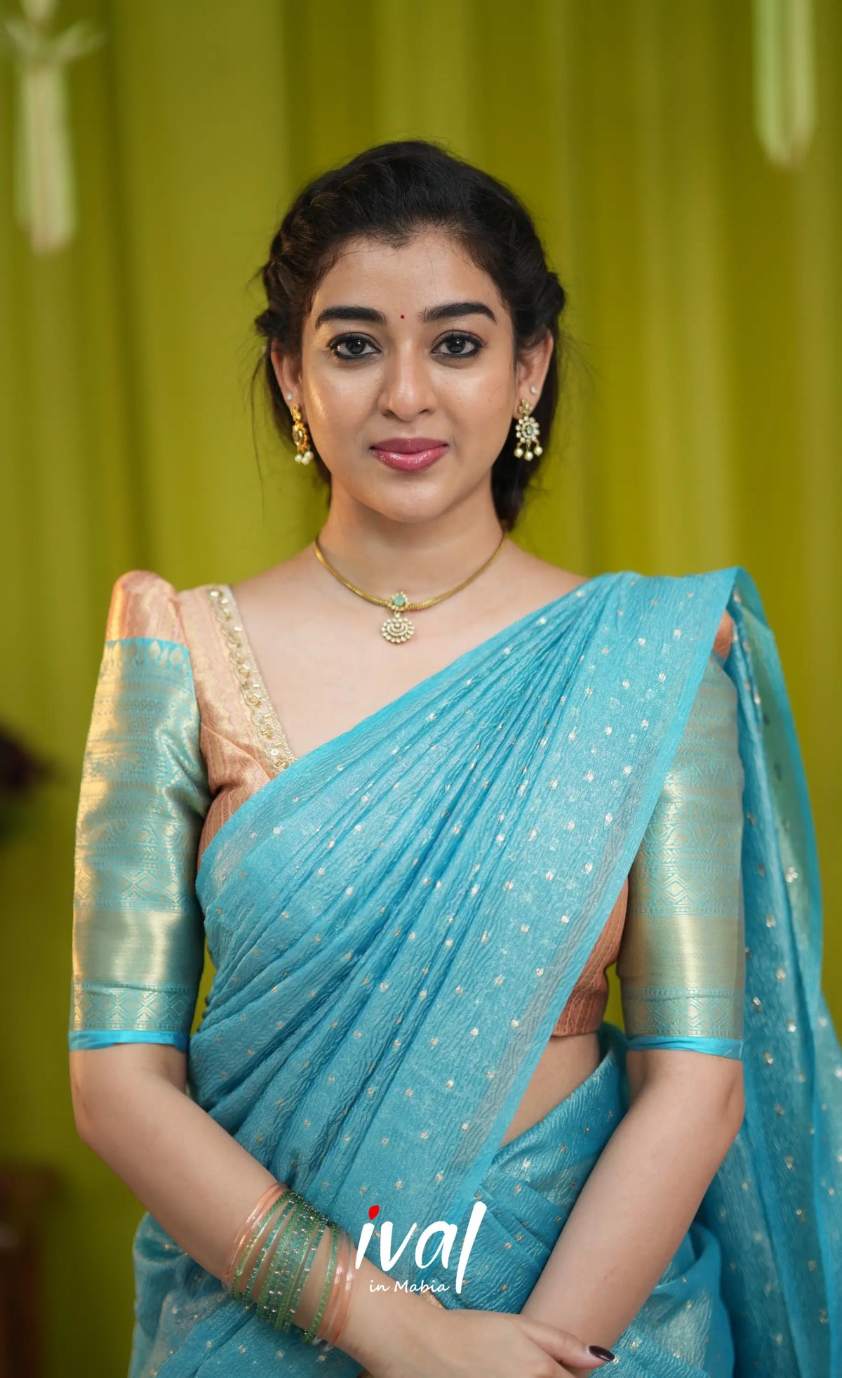Izhaiyini Organza Halfsaree - Peach and Light blue - Half Sarees