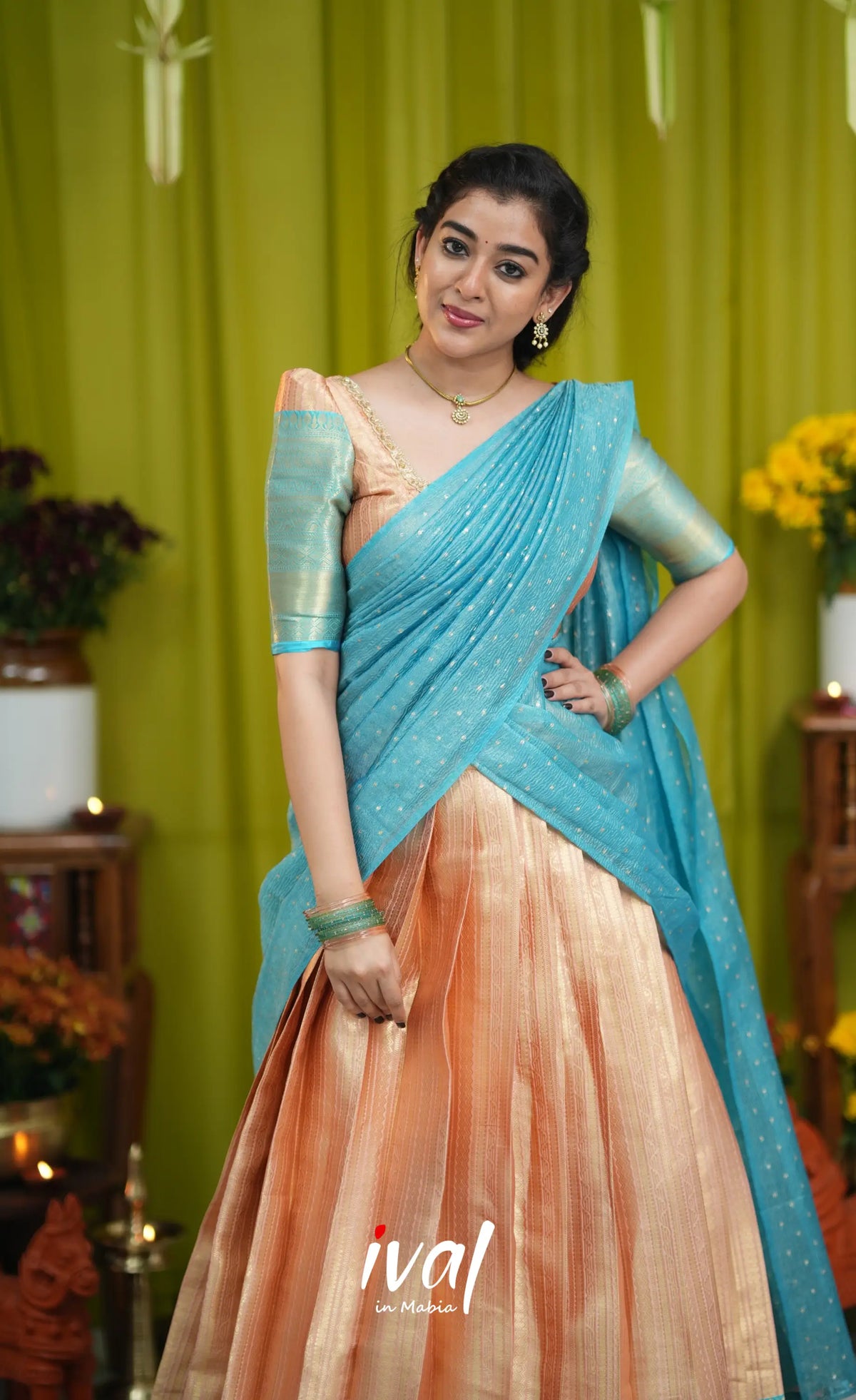 Izhaiyini Organza Halfsaree - Peach and Light blue - Half Sarees