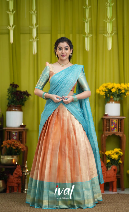 Izhaiyini Organza Halfsaree - Peach and Light blue - Half Sarees