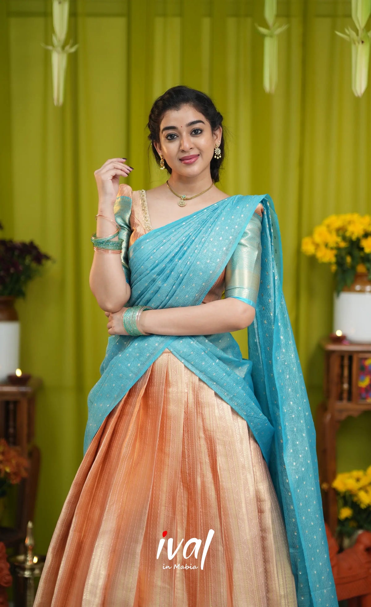 Izhaiyini Organza Halfsaree - Peach and Light blue - Half Sarees