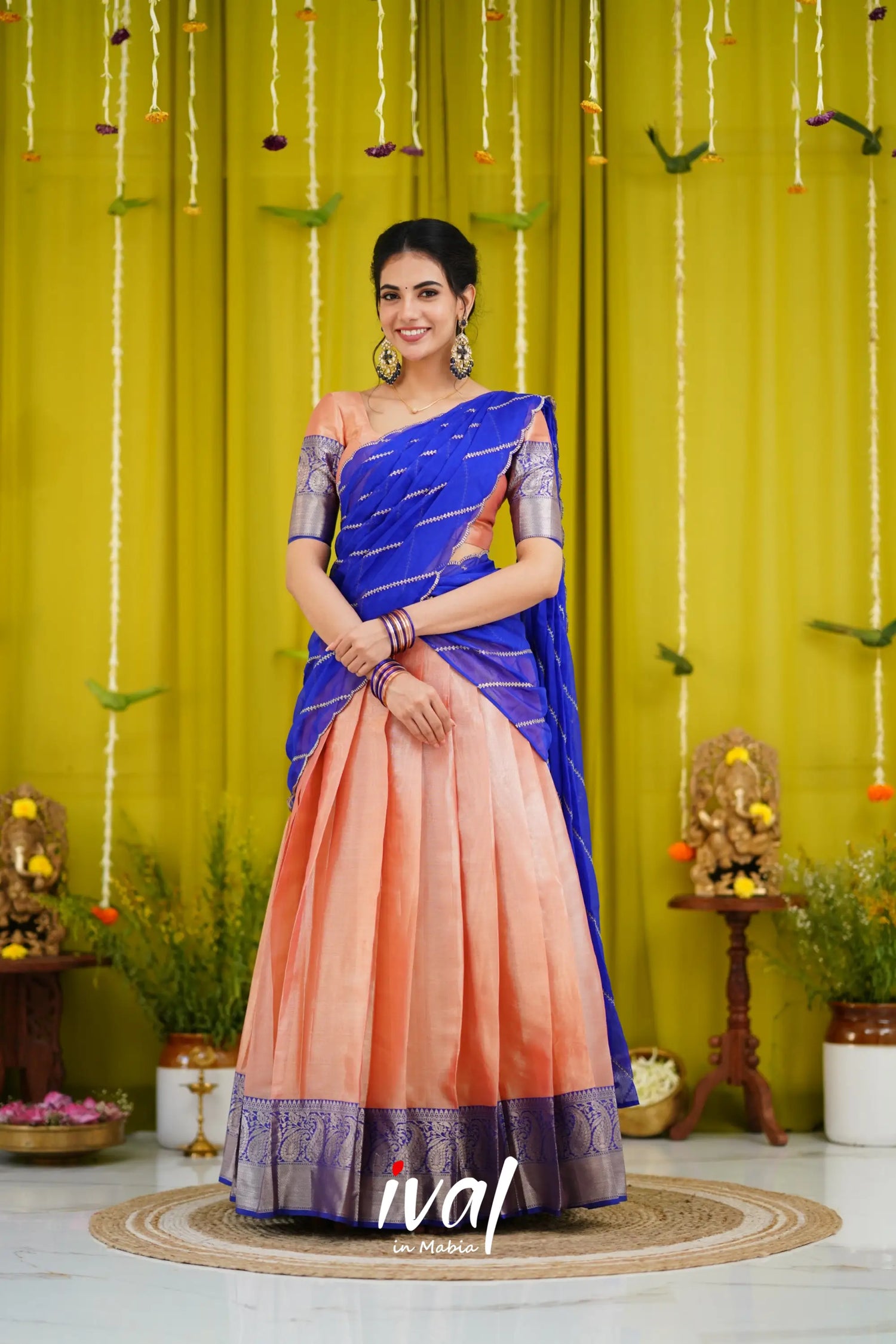 Izhaiyini Organza Halfsaree - Peach And Royal Blue Half Sarees