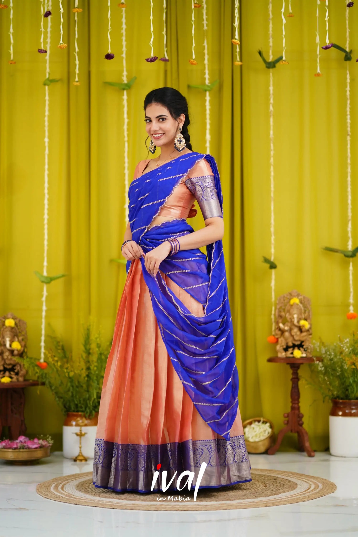 Izhaiyini Organza Halfsaree - Peach And Royal Blue Half Sarees