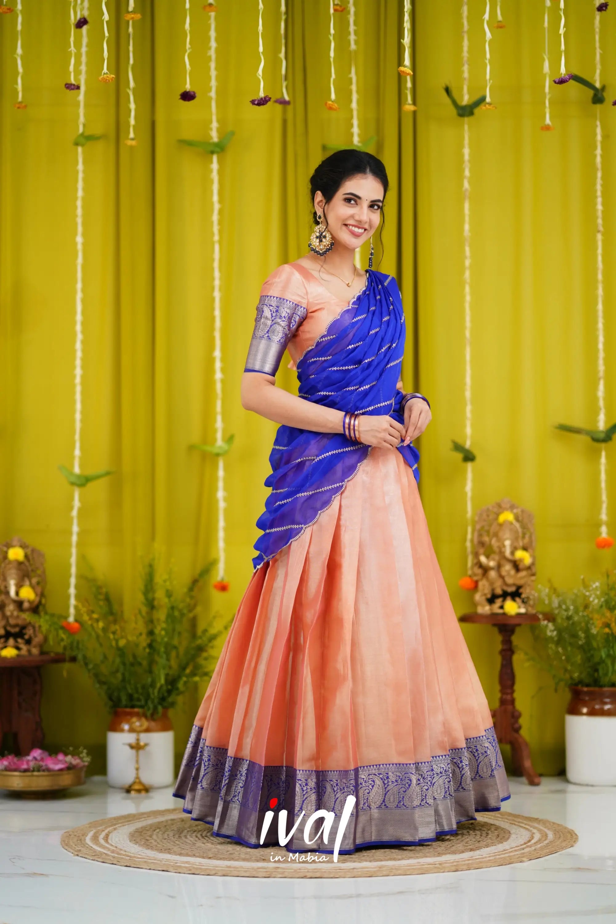 Izhaiyini Organza Halfsaree - Peach And Royal Blue Half Sarees