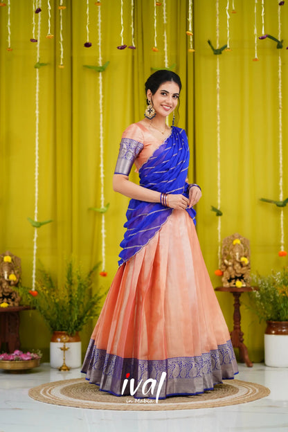 Izhaiyini Organza Halfsaree - Peach And Royal Blue Half Sarees